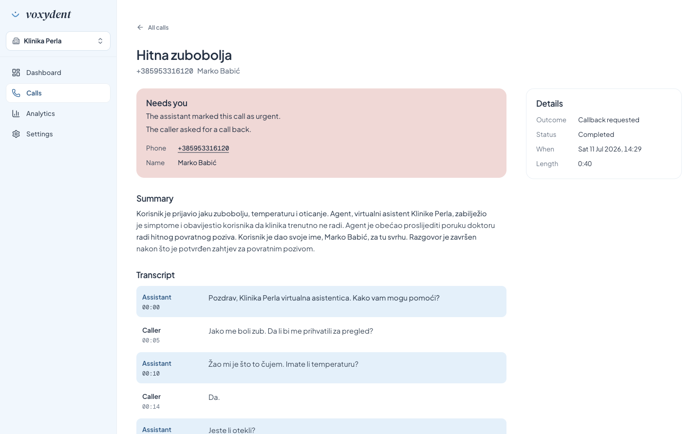 One call in the VoxyDent dashboard: marked urgent with a callback request, then the call details, a summary and the transcript.