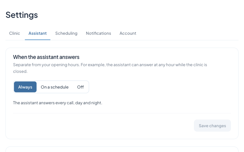 The assistant settings in the VoxyDent dashboard: the assistant answers every call, day and night.